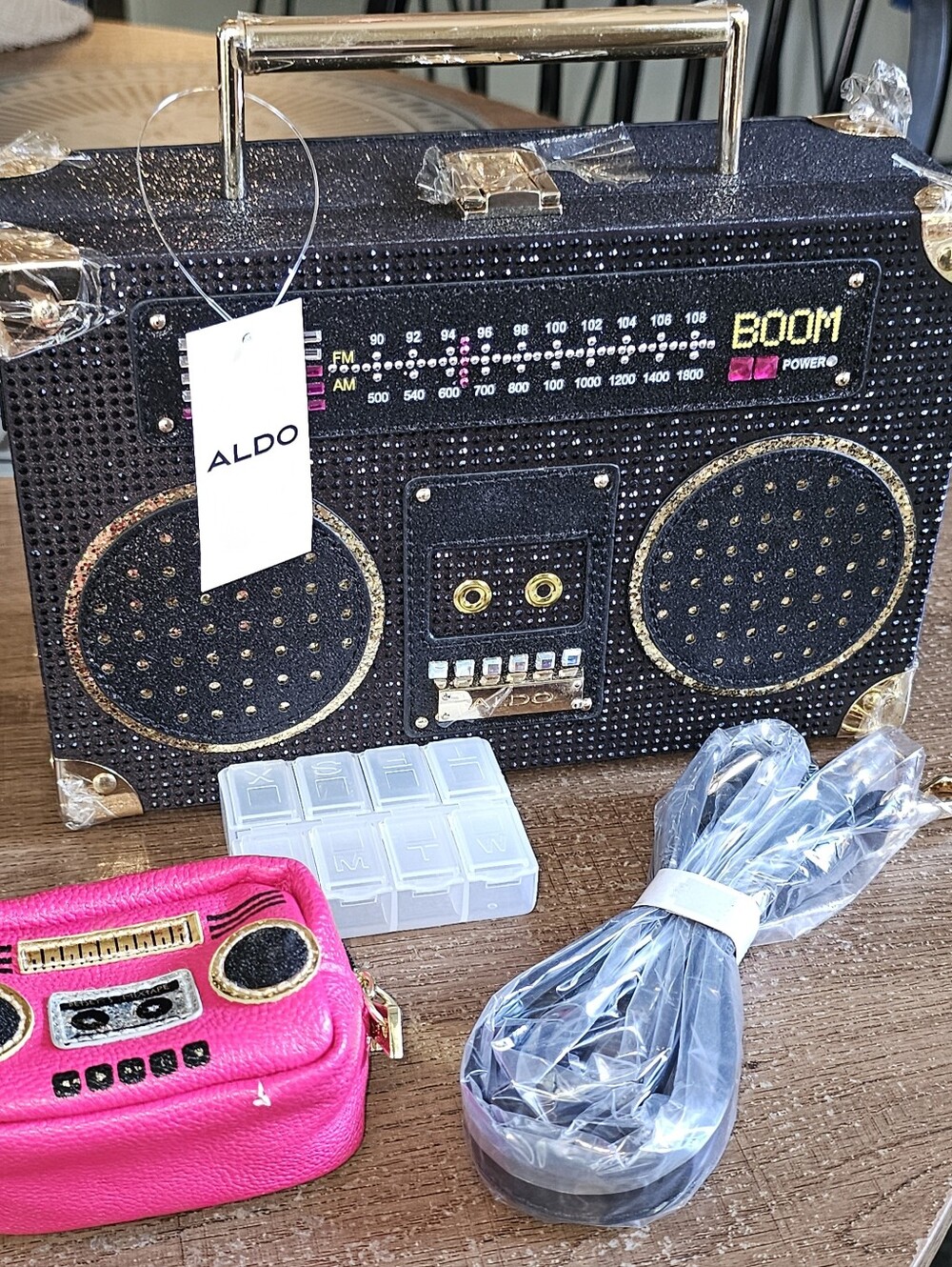 Boombox Hardshell Purse Glitter Black Aldo Betsy Johnson Coin Purse Holder Nwt